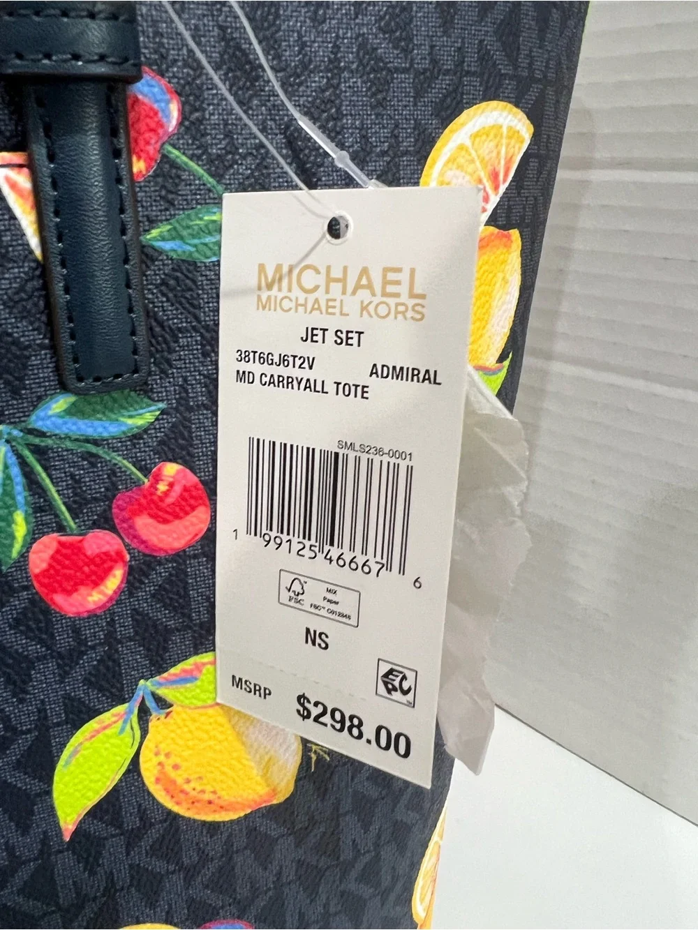 Michael Kors Jet Set Tote Bag Lemon and Cherry Print Navy NWT